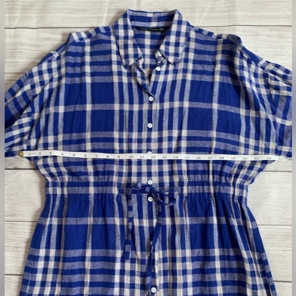 Zara Linen-Cotton Blend Blue Gingham Check Shirt Dress with Drawstring Waist - Picture 8 of 14
